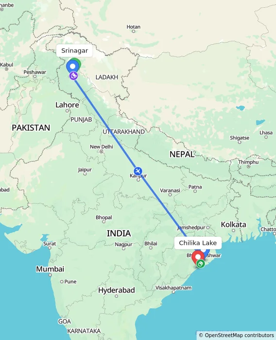 Route map showing distance and travel time from Srinagar, India to Chilika Lake, India