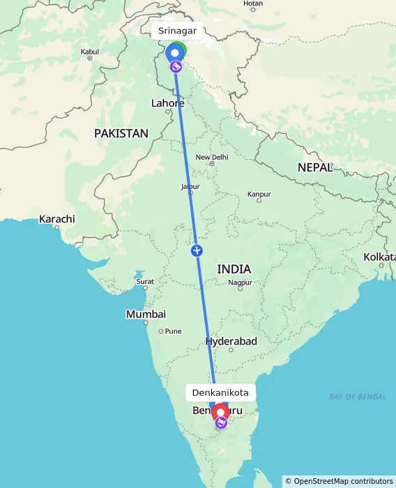 Route map showing distance and travel time from Srinagar, India to Denkanikota, India