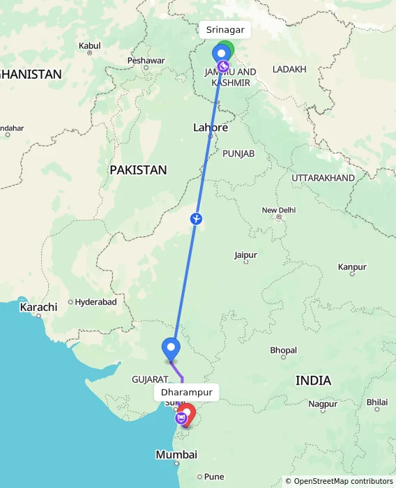 Route map showing distance and travel time from Srinagar, India to Dharampur, India