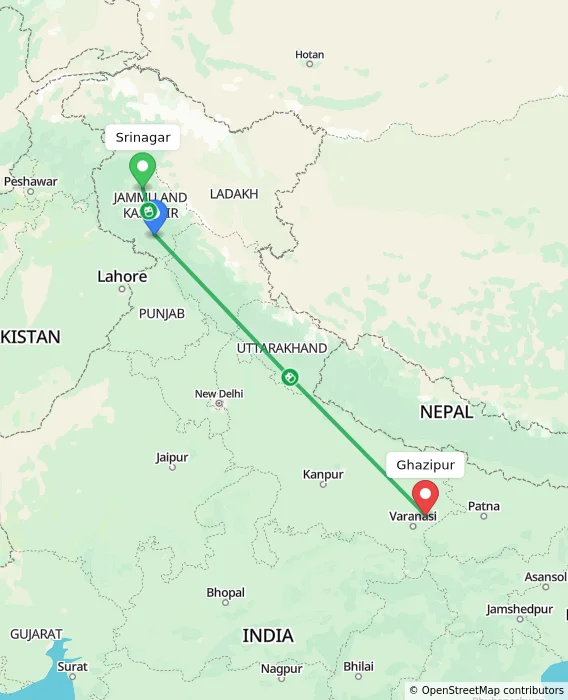 Route map showing distance and travel time from Srinagar, India to Ghazipur, India