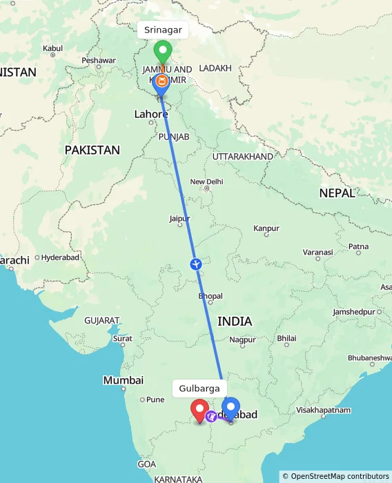 Route map showing distance and travel time from Srinagar, India to Gulbarga, India
