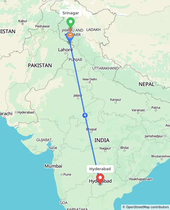 Route map showing distance and travel time from Srinagar, India to Hyderabad, India