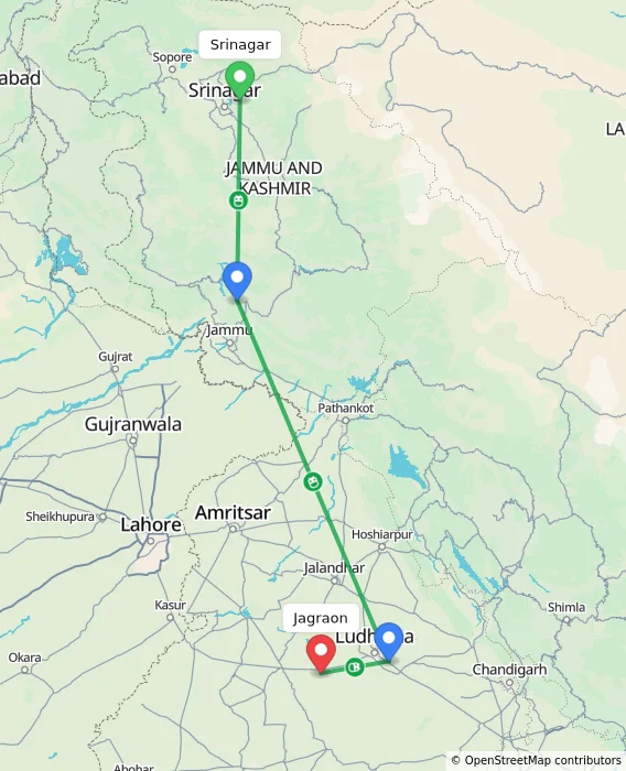 Route map showing distance and travel time from Srinagar, India to Jagraon, India