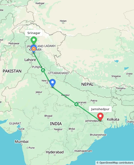 Route map showing distance and travel time from Srinagar, India to Jamshedpur, India
