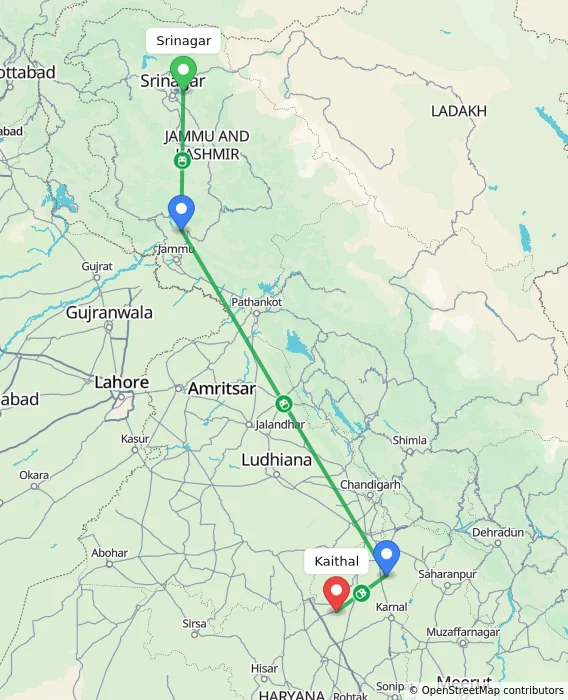Route map showing distance and travel time from Srinagar, India to Kaithal, India