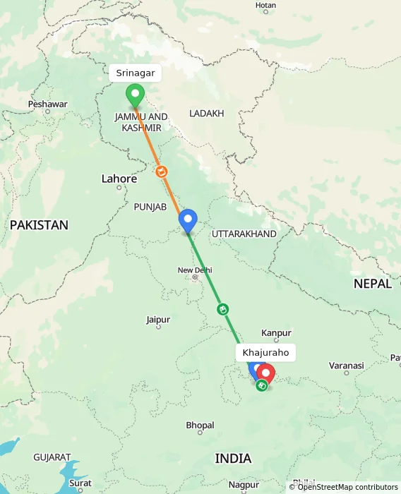 Route map showing distance and travel time from Srinagar, India to Khajuraho, India