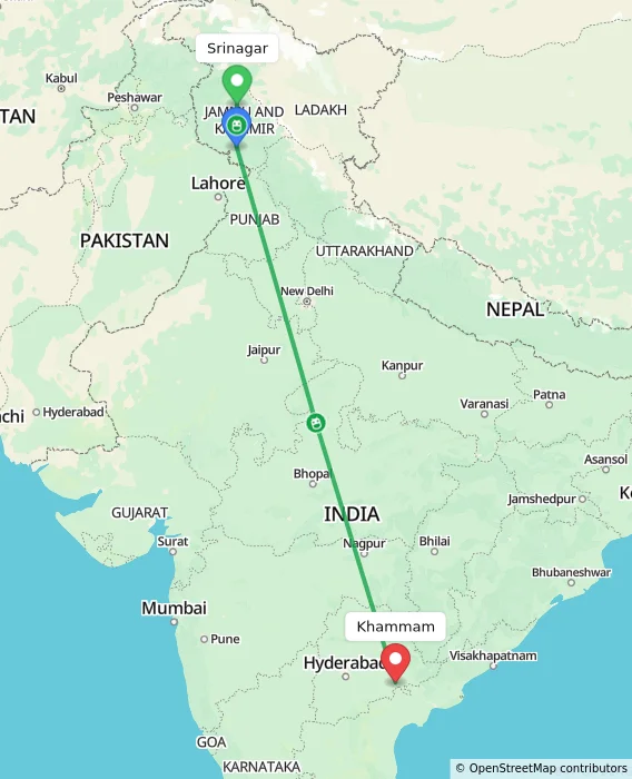 Route map showing distance and travel time from Srinagar, India to Khammam, India