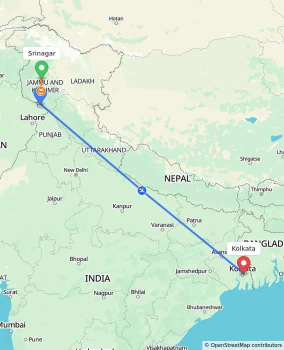 Route map showing distance and travel time from Srinagar, India to Kolkata, India