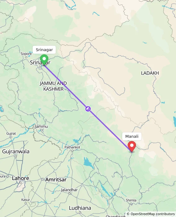 Route map showing distance and travel time from Srinagar, India to Manali, India