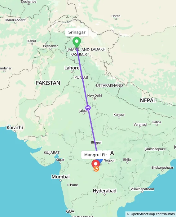 Route map showing distance and travel time from Srinagar, India to Mangrul Pir, India