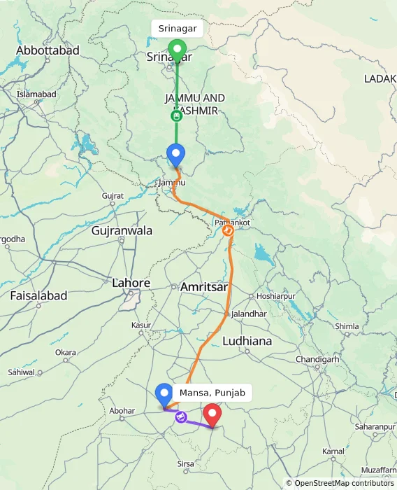 Route map showing distance and travel time from Srinagar, India to Mansa, Punjab, India