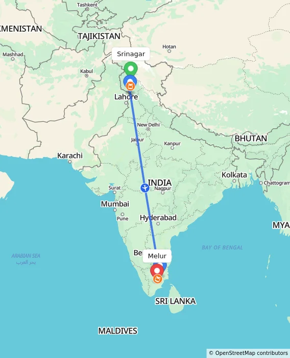 Route map showing distance and travel time from Srinagar, India to Melur, India