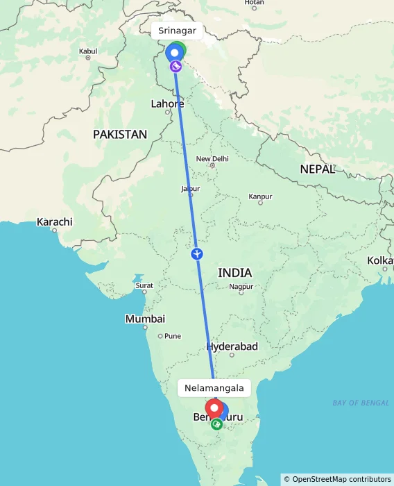 Route map showing distance and travel time from Srinagar, India to Nelamangala, India