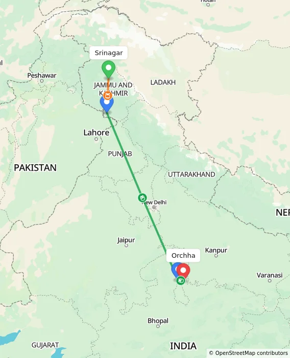 Route map showing distance and travel time from Srinagar, India to Orchha, India