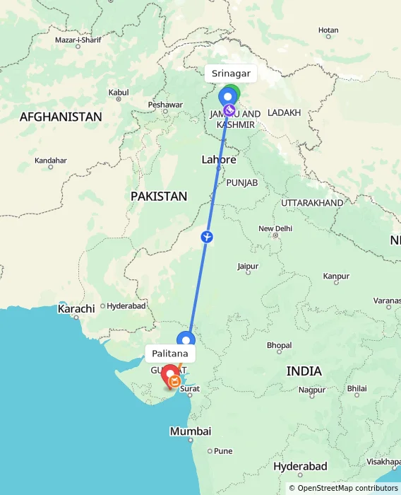 Route map showing distance and travel time from Srinagar, India to Palitana, India