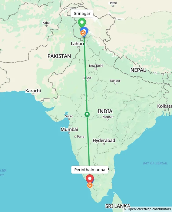 Route map showing distance and travel time from Srinagar, India to Perinthalmanna, India