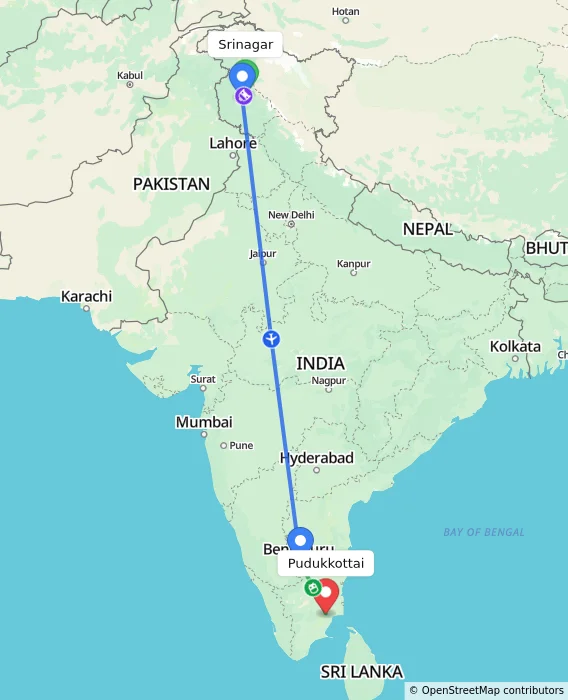 Route map showing distance and travel time from Srinagar, India to Pudukkottai, India