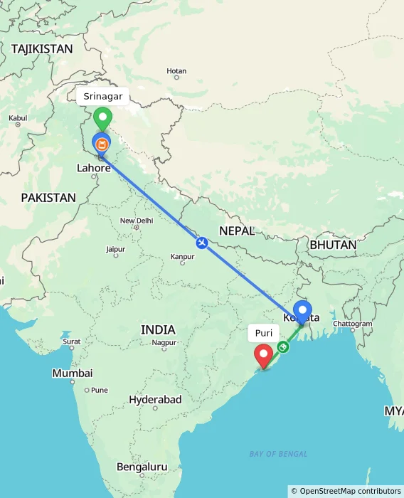 Route map showing distance and travel time from Srinagar, India to Puri, India