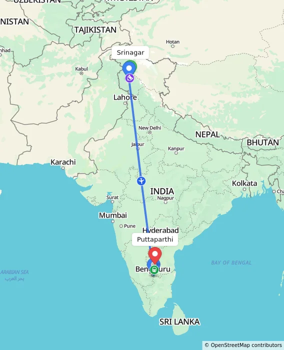 Route map showing distance and travel time from Srinagar, India to Puttaparthi, India
