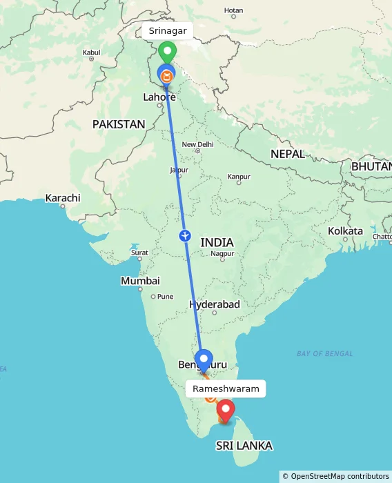 Route map showing distance and travel time from Srinagar, India to Rameshwaram, India