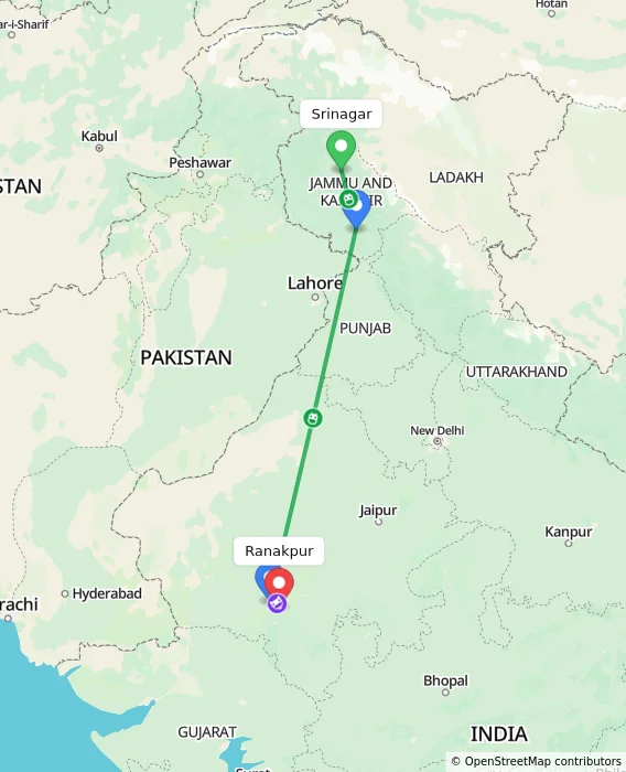 Route map showing distance and travel time from Srinagar, India to Ranakpur, India