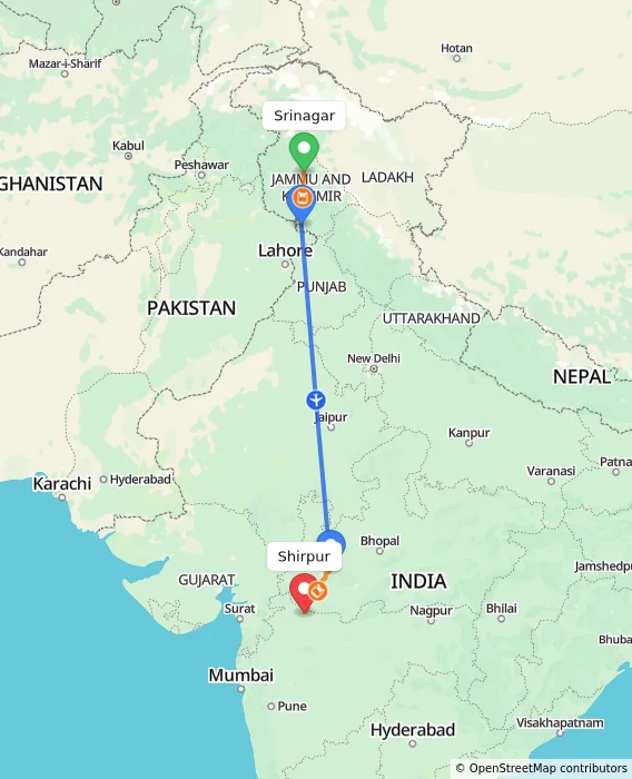 Route map showing distance and travel time from Srinagar, India to Shirpur, India