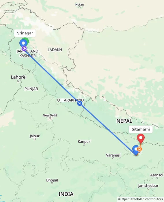 Route map showing distance and travel time from Srinagar, India to Sitamarhi, India