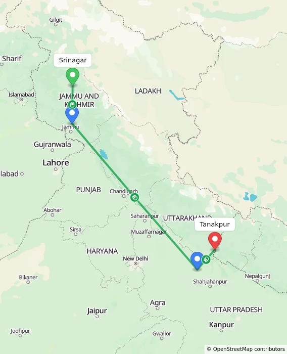 Route map showing distance and travel time from Srinagar, India to Tanakpur, India