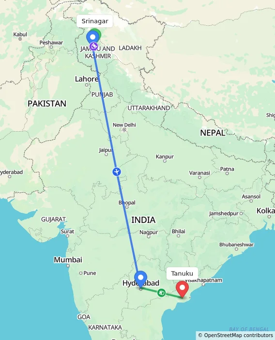 Route map showing distance and travel time from Srinagar, India to Tanuku, India