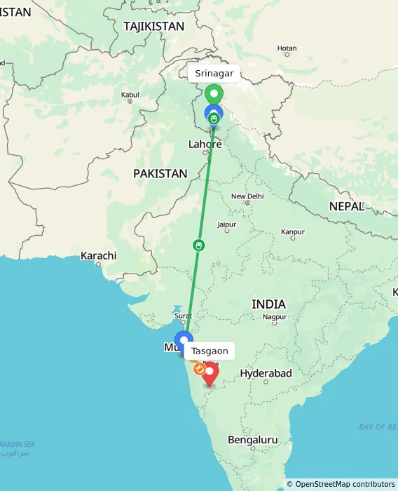 Route map showing distance and travel time from Srinagar, India to Tasgaon, India