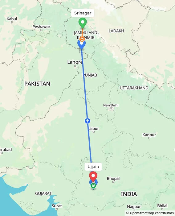 Route map showing distance and travel time from Srinagar, India to Ujjain, India