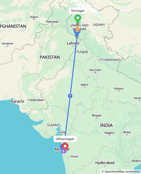 Route map showing distance and travel time from Srinagar, India to Ulhasnagar, India