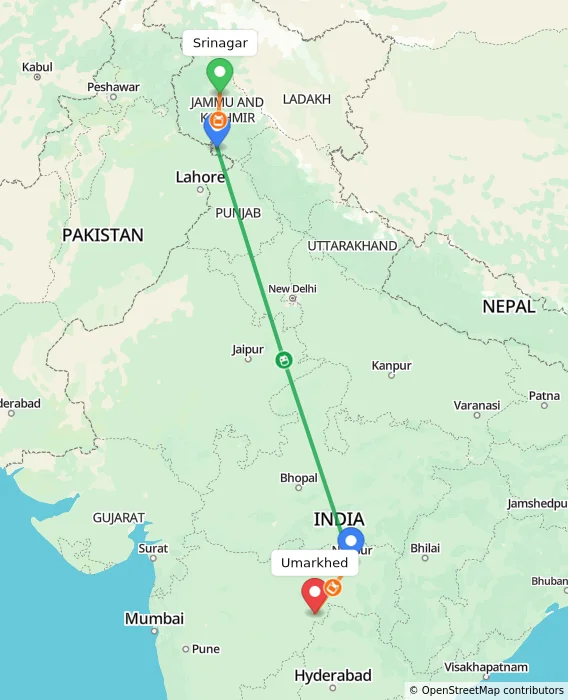 Route map showing distance and travel time from Srinagar, India to Umarkhed, India