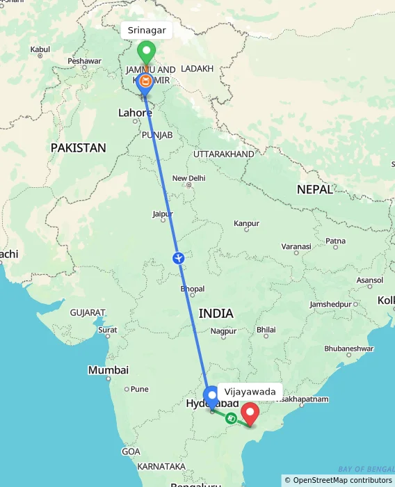 Route map showing distance and travel time from Srinagar, India to Vijayawada, India