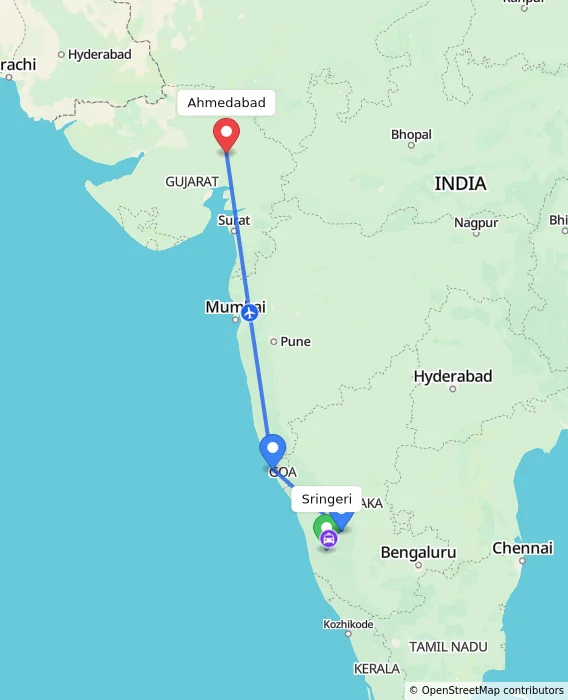 Route map showing distance and travel time from Sringeri, India to Ahmedabad, India