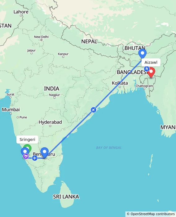 Route map showing distance and travel time from Sringeri, India to Aizawl, India