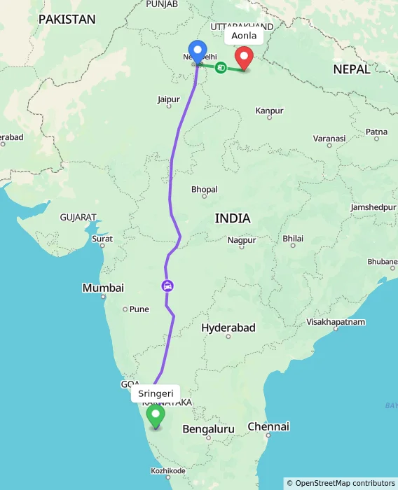 Route map showing distance and travel time from Sringeri, India to Aonla, India