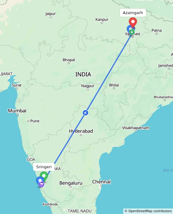 Route map showing distance and travel time from Sringeri, India to Azamgarh, India