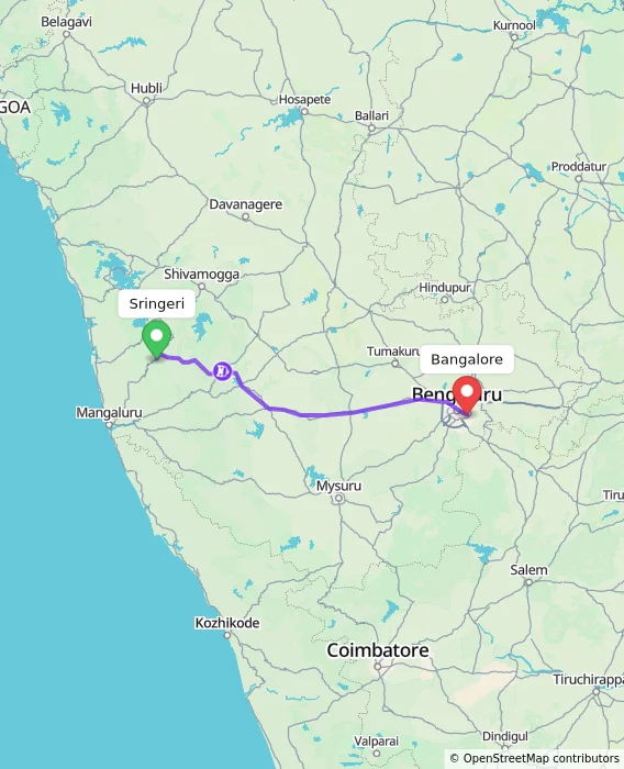 Route map showing distance and travel time from Sringeri, India to Bangalore, India