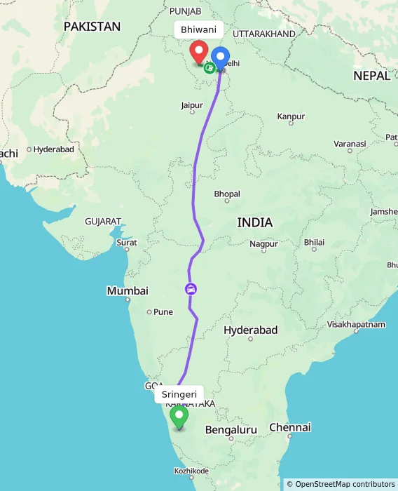 Route map showing distance and travel time from Sringeri, India to Bhiwani, India