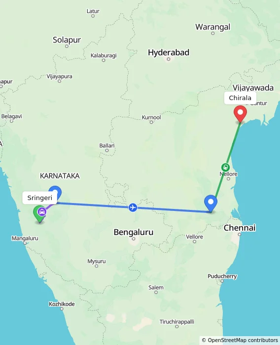 Route map showing distance and travel time from Sringeri, India to Chirala, India