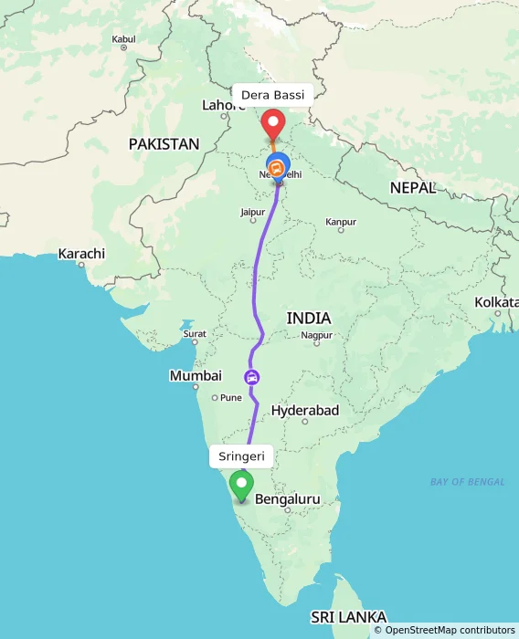 Route map showing distance and travel time from Sringeri, India to Dera Bassi, India