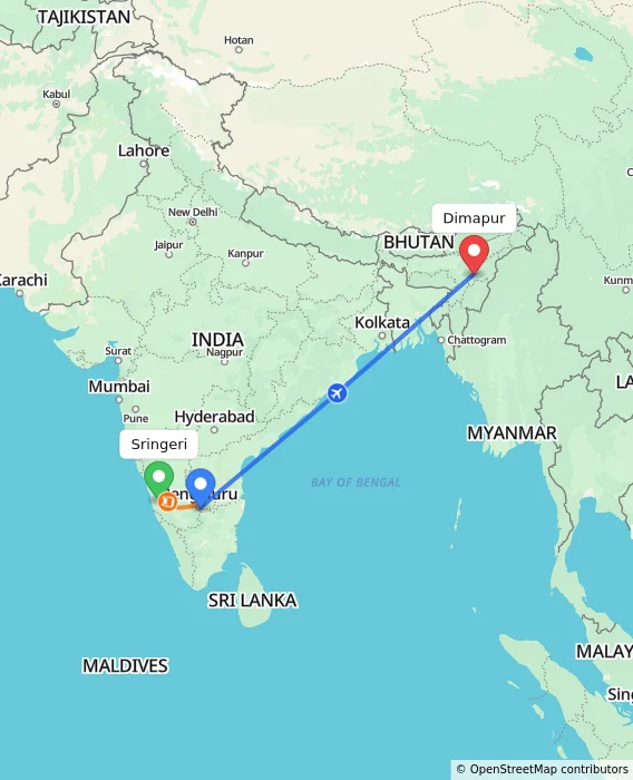 Route map showing distance and travel time from Sringeri, India to Dimapur, India