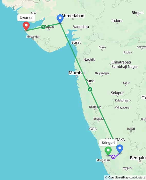 Route map showing distance and travel time from Sringeri, India to Dwarka, India