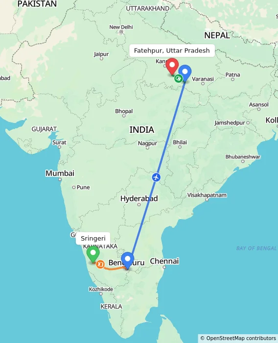Route map showing distance and travel time from Sringeri, India to Fatehpur, Uttar Pradesh, India