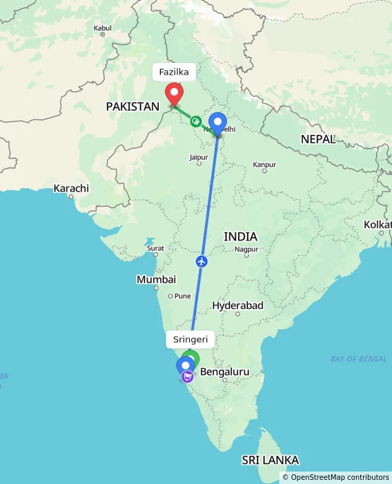 Route map showing distance and travel time from Sringeri, India to Fazilka, India