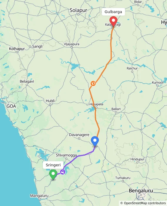 Route map showing distance and travel time from Sringeri, India to Gulbarga, India