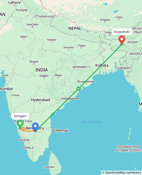 Route map showing distance and travel time from Sringeri, India to Guwahati, India