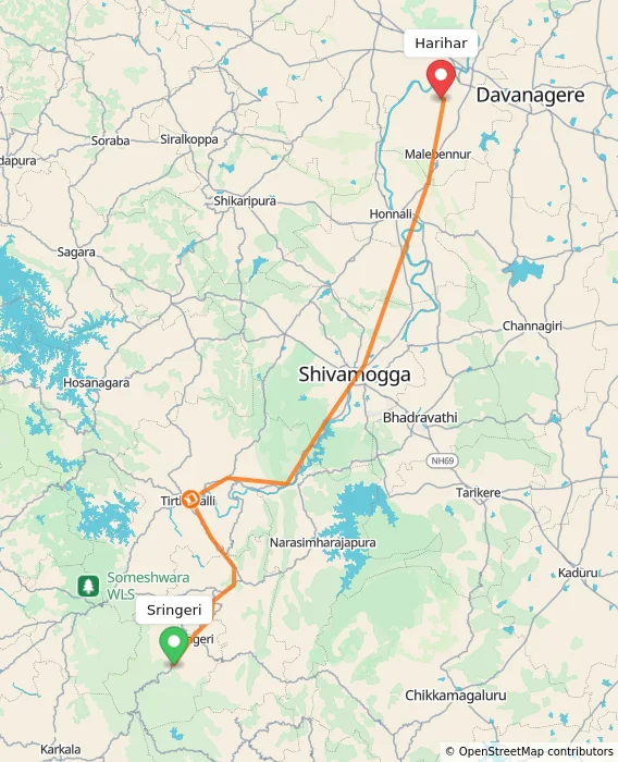 Route map showing distance and travel time from Sringeri, India to Harihar, India