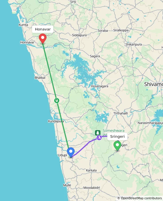 Route map showing distance and travel time from Sringeri, India to Honavar, India